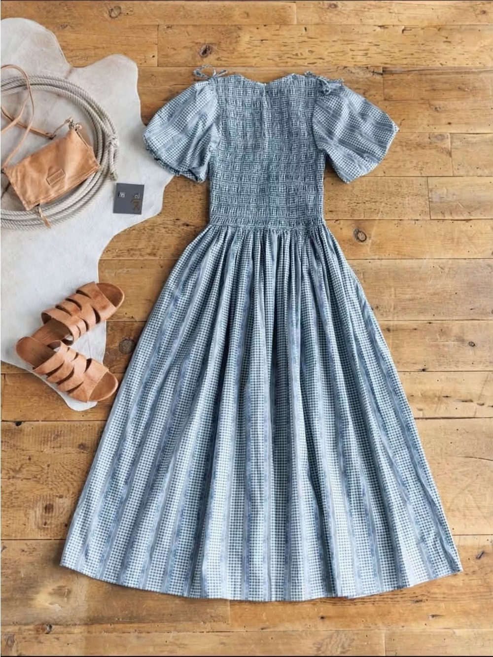 Smocked Puff Sleeve Midi Dress in Light Blue